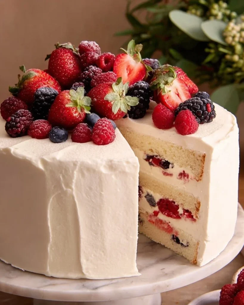 Delicious Berry Chantilly Cake with fresh berries and cream frosting