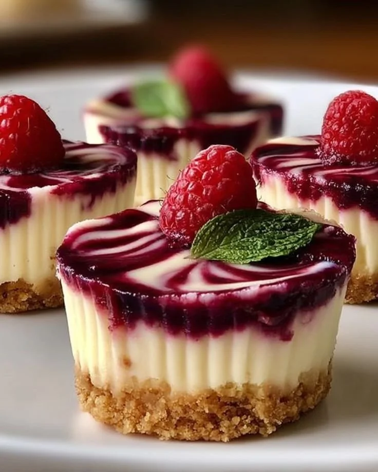 Berry Swirl Cheesecake Bites decorated with fresh berries on a white plate