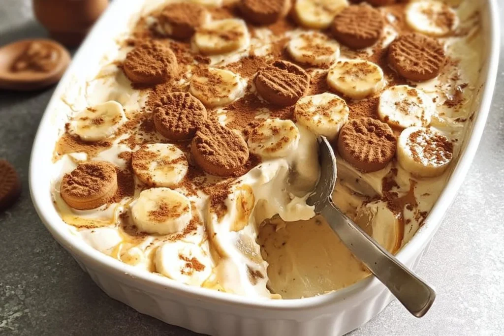 Delicious Biscoff Banana Pudding dessert with layers of bananas and Biscoff cookies.
