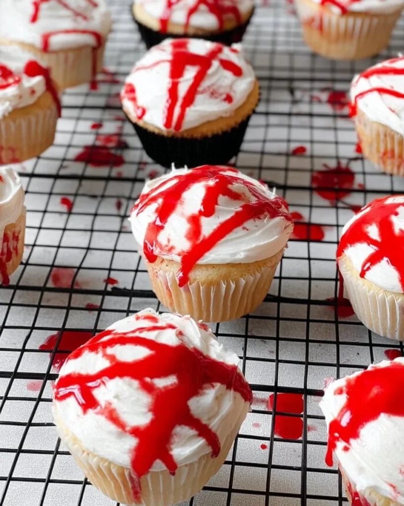 Blood splattered Halloween cupcakes decorated for a spooky celebration