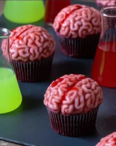 A tray of decorated brain cupcakes with pink frosting for Halloween.