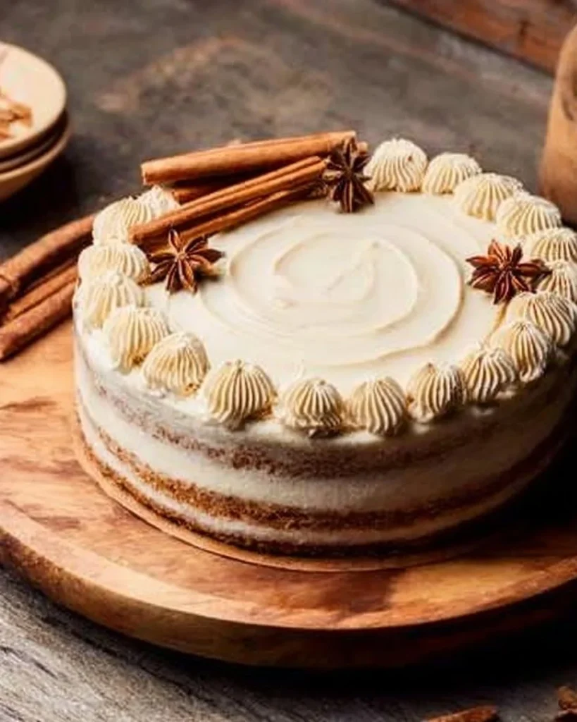 Delicious brown sugar chai cake topped with spices and frosting