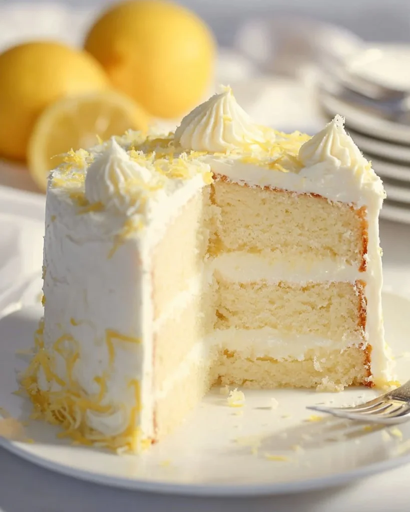 Sliced Italian Lemon Cream Cake from Cheesecake Factory with lemon garnish