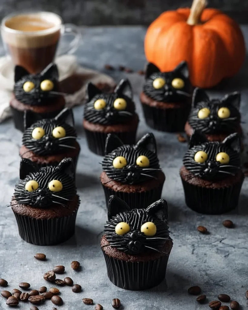 Delicious Black Cat Keto Cupcakes decorated with dark chocolate and sprinkles.