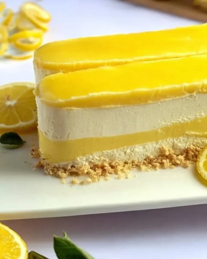No-bake vegan lemon cheesecake bars garnished with lemon zest and mint