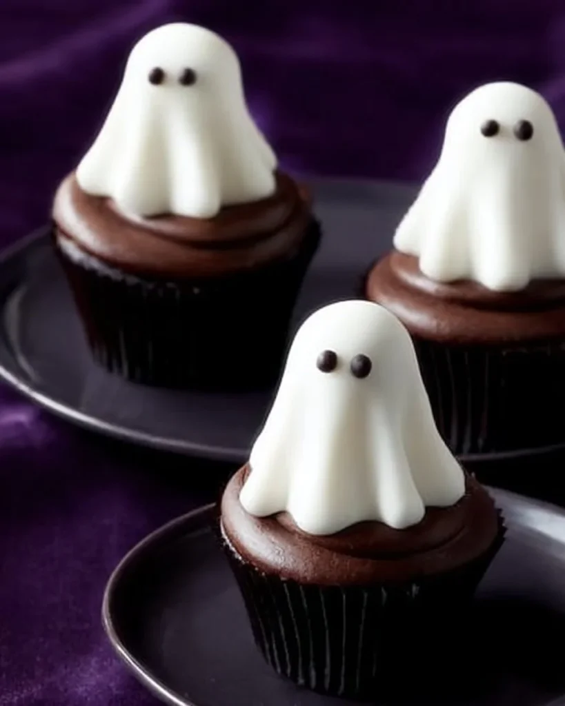 Floating ghost cupcakes decorated with spooky faces for Halloween treats
