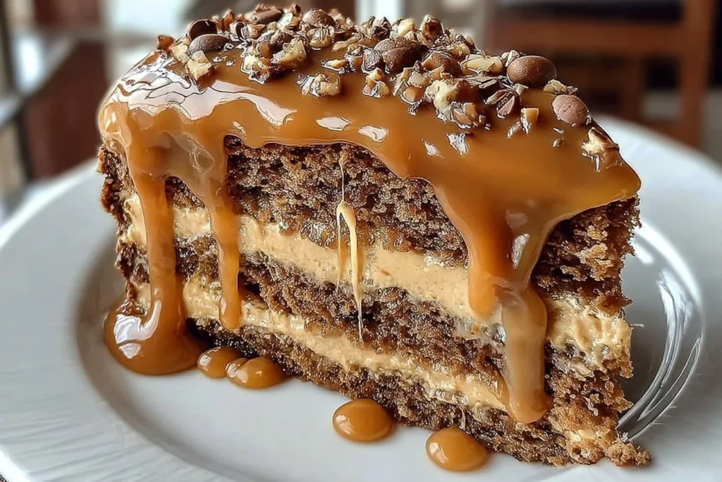 Gooey coffee caramel cake topped with caramel drizzle and coffee beans