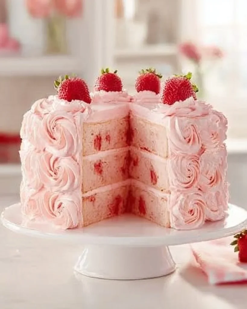 Homemade strawberry cake with strawberry frosting on a decorative plate.