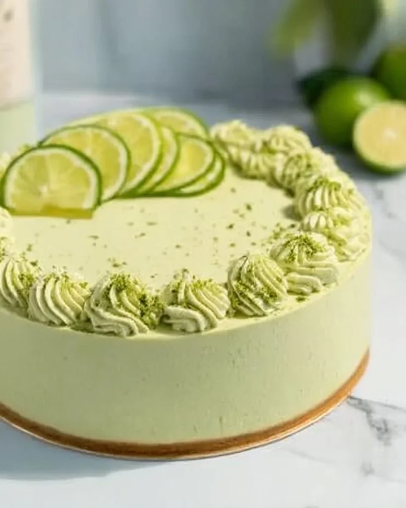 A delicious slice of Key Lime Cake topped with creamy frosting and lime zest.