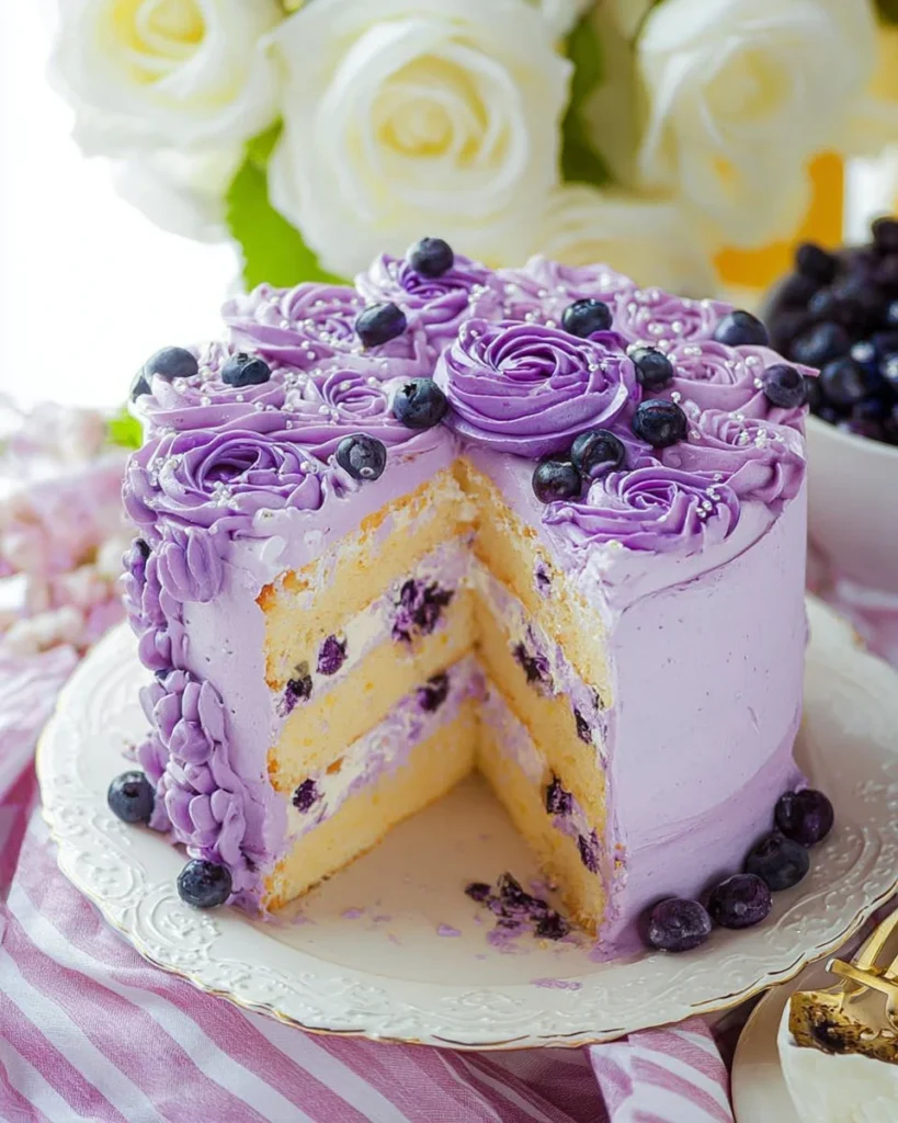 Delicious lavender cake with lavender buttercream frosting on a decorative plate