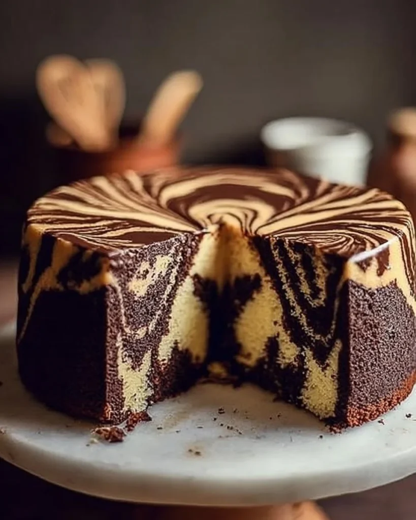 Delicious marble cake with chocolate and vanilla swirls on a plate