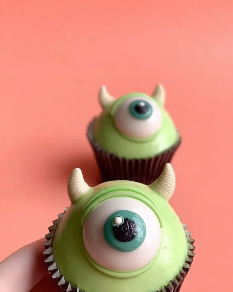 Delicious Mike Wazowski cupcakes decorated with green frosting and eyes