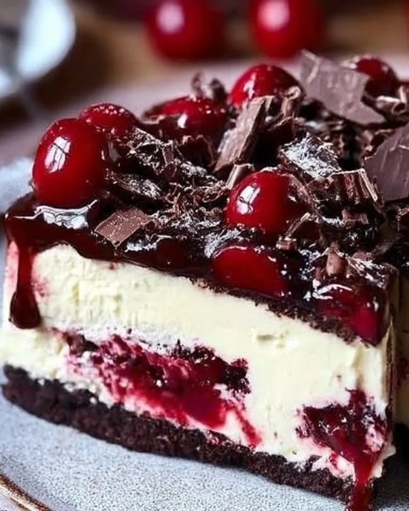 No-Bake Black Forest Cheesecake topped with cherries and chocolate shavings