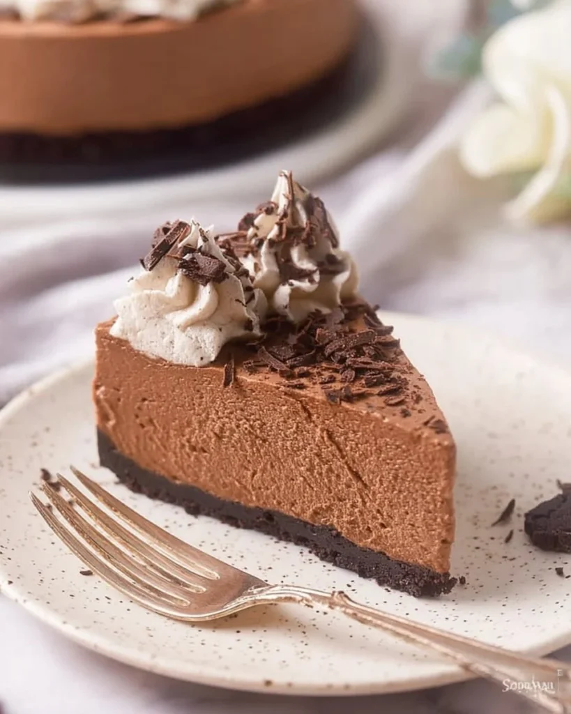 No bake chocolate cheesecake topped with chocolate ganache and whipped cream