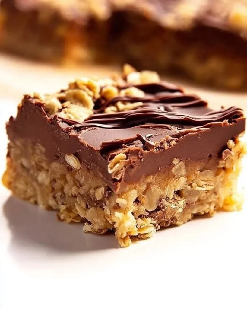 No bake chocolate oatmeal bars stacked on a plate