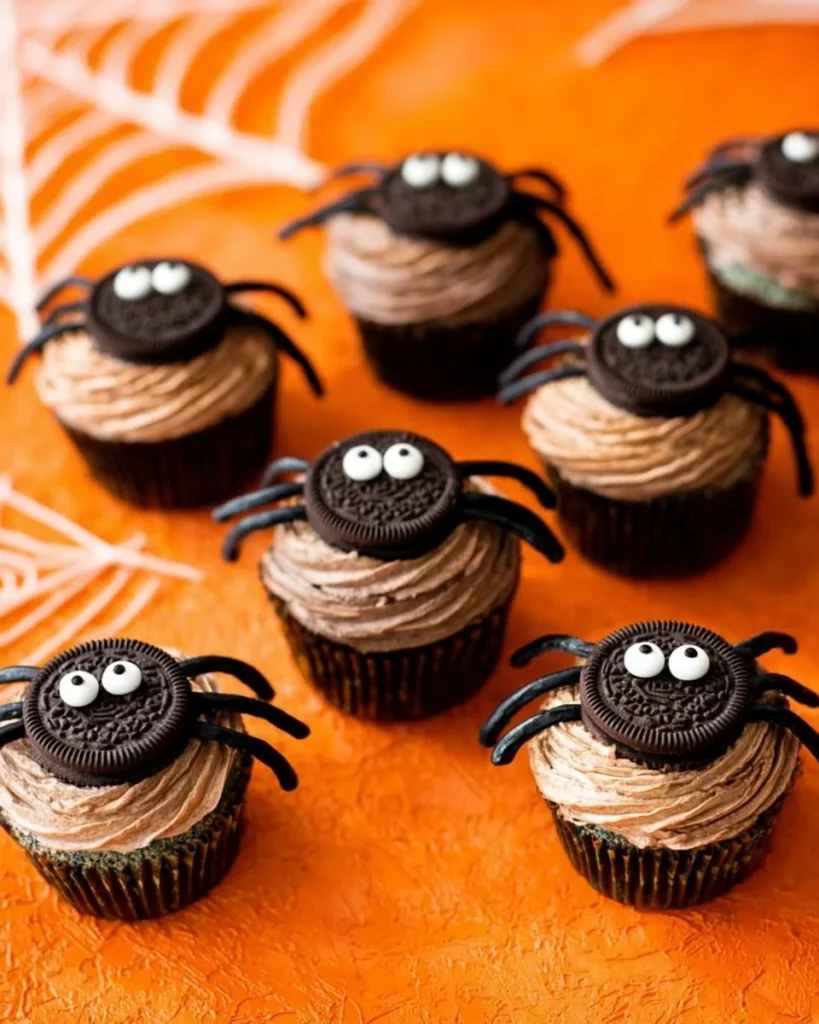 Delicious Oreo Spider Cupcakes decorated with chocolate and candy spiders