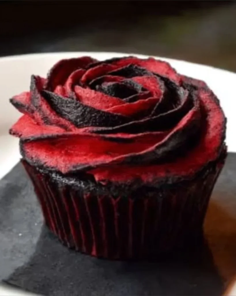 Delicious two-tone rose red velvet cupcakes with cream cheese frosting
