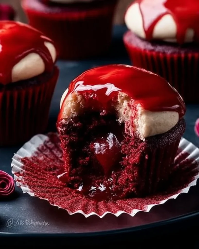 Vampire Bite Cupcakes decorated with blood-red frosting and spooky details.