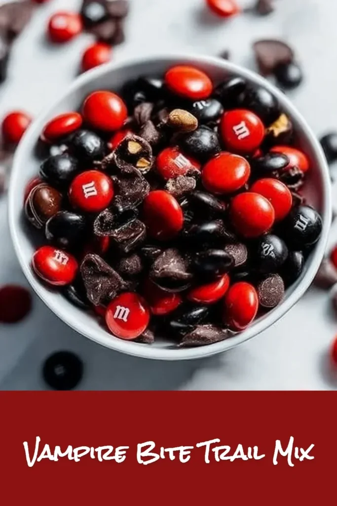 Vampire Bite Trail Mix with nuts, dried fruit, and spooky-themed snacks