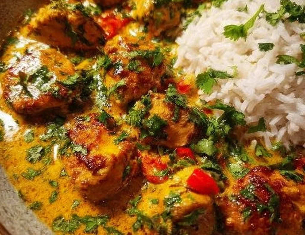 Delicious Brazilian Coconut Chicken served with fresh herbs and spices.