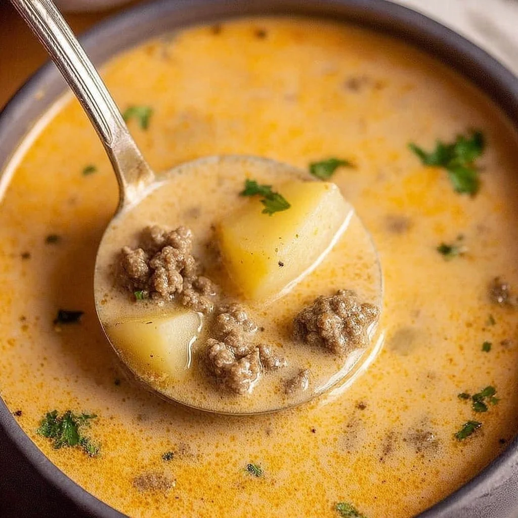 A bowl of cheesy beef and potato soup garnished with fresh herbs