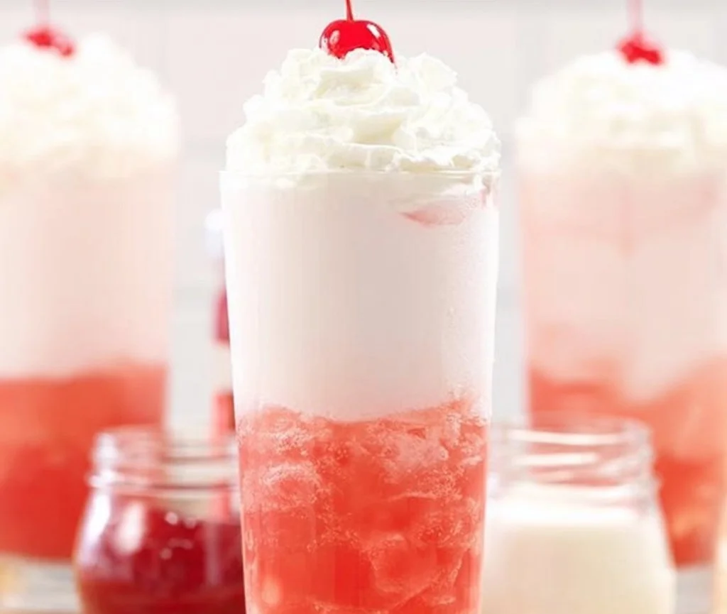 Glass of Cherry Italian Cream Soda with cherry garnish and whipped cream