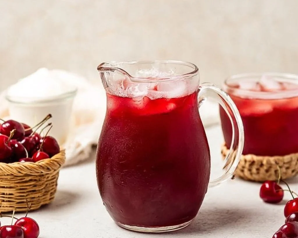 A refreshing glass of Cherry Pie Inspired Iced Tea garnished with cherries and mint.