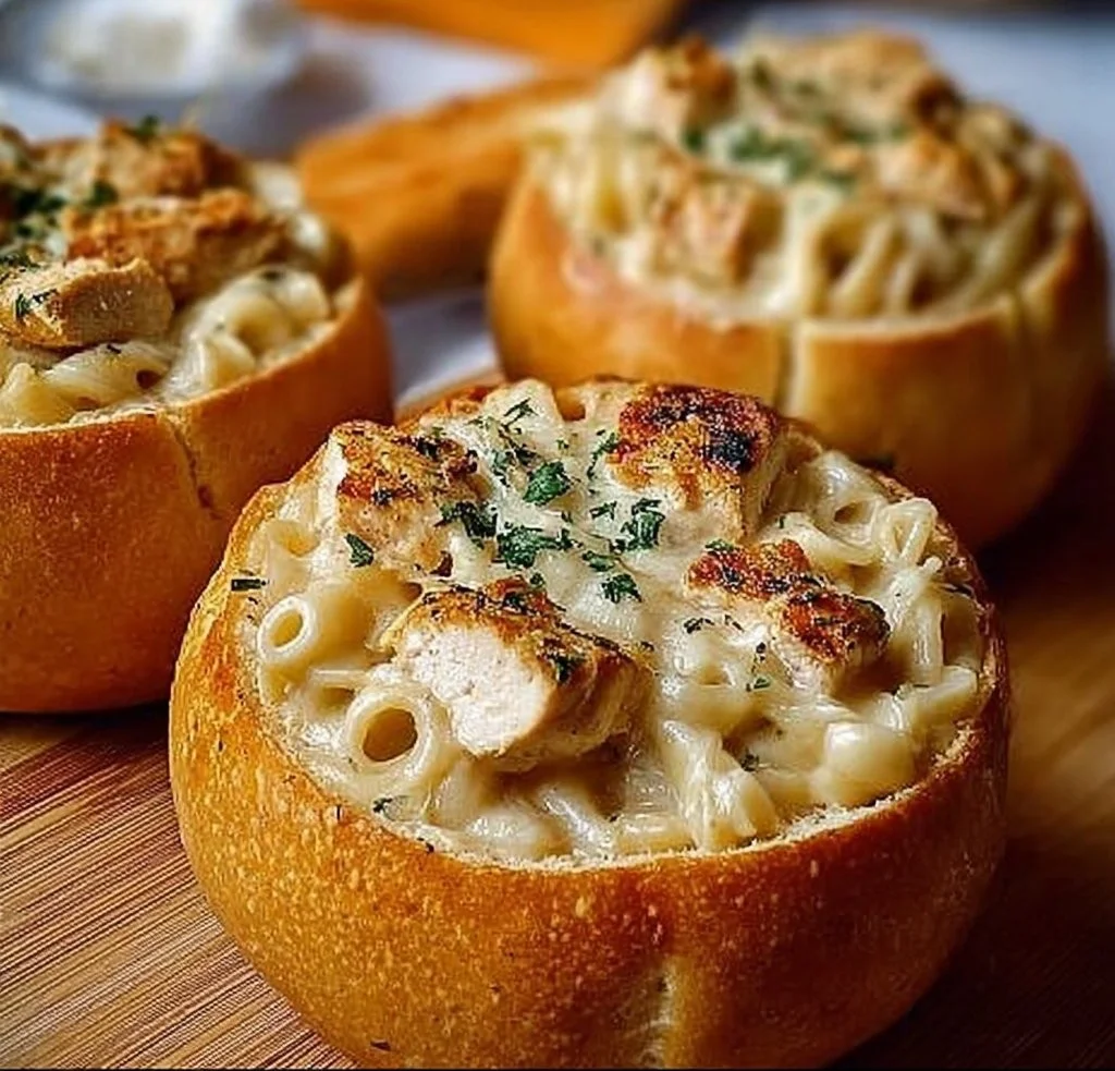 Chicken Alfredo served in garlic bread bowls for a unique and tasty meal.