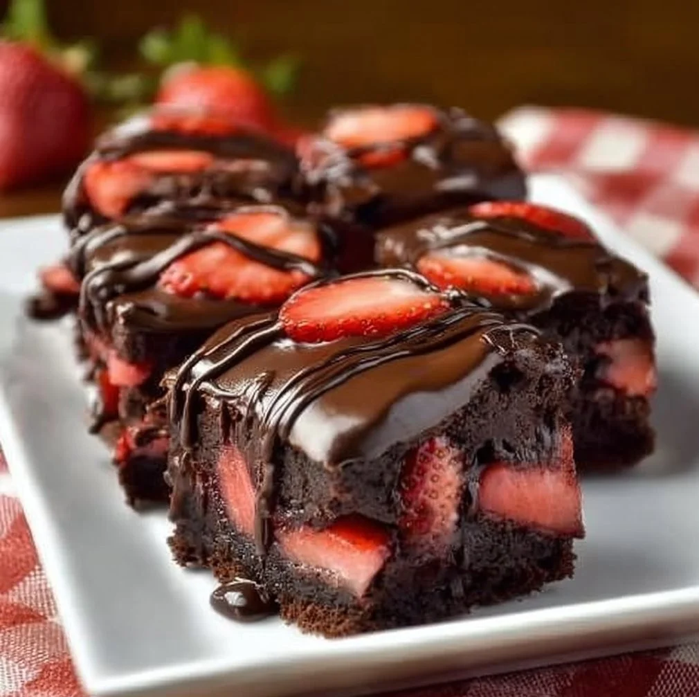 Delicious chocolate covered strawberry brownies topped with fresh strawberries.