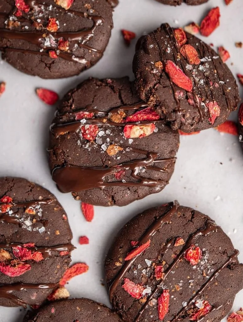 Chocolate covered strawberry cookies fresh out of the oven.