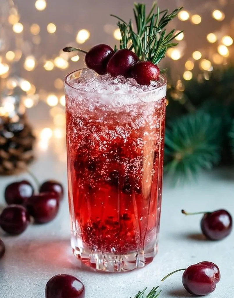 Christmas Cherry Fizz Mocktail garnished with cherries and mint leaves