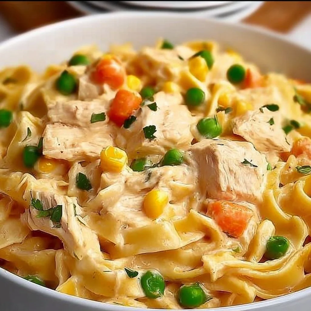 Classic Chicken Pot Pie Pasta served in a bowl with fresh herbs.