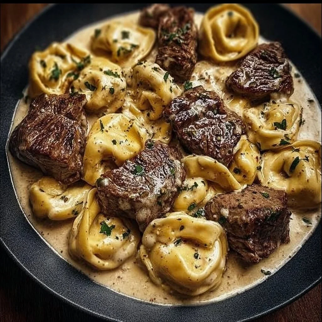 Delicious Cracked Garlic Steak Tortellini with tender steak and garlic flavor
