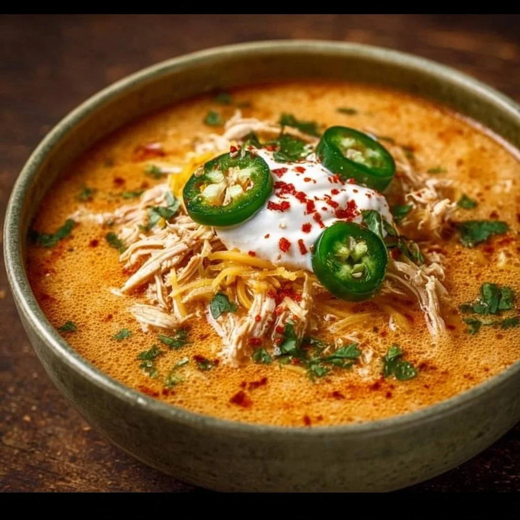 Creamy chicken enchilada soup served in a bowl with garnishes