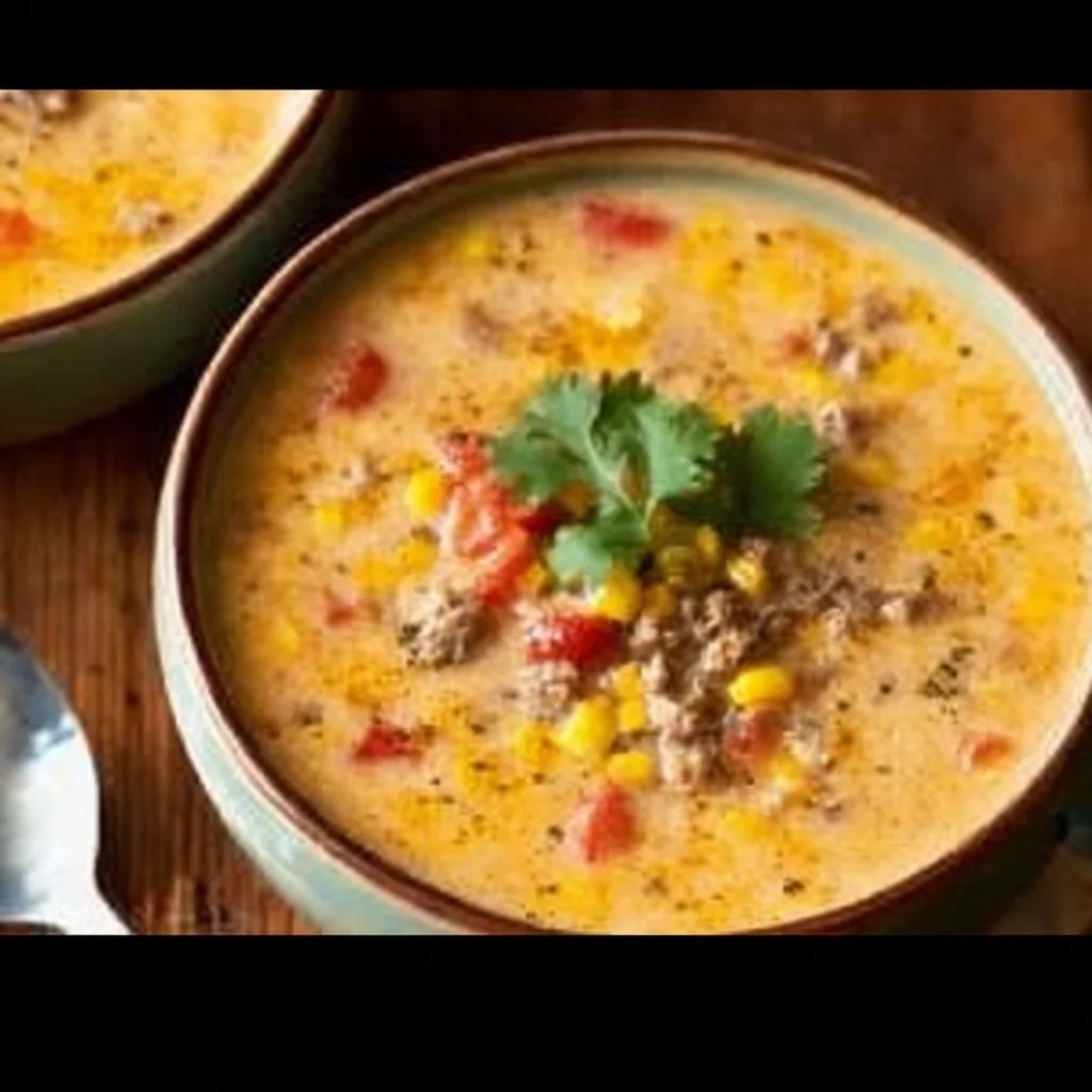 Creamy cowboy soup in a bowl with fresh herbs and veggies.