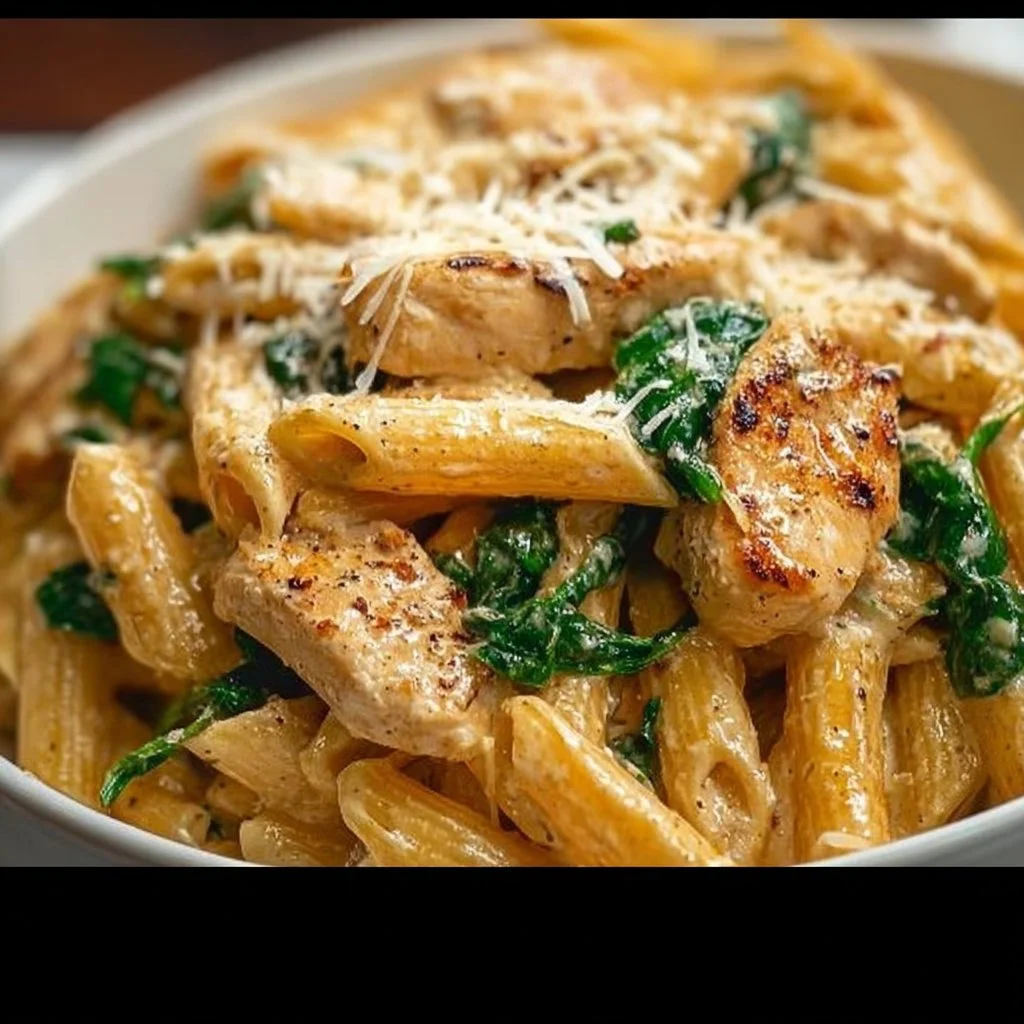 Creamy Garlic Parmesan Chicken Pasta topped with herbs and parmesan cheese