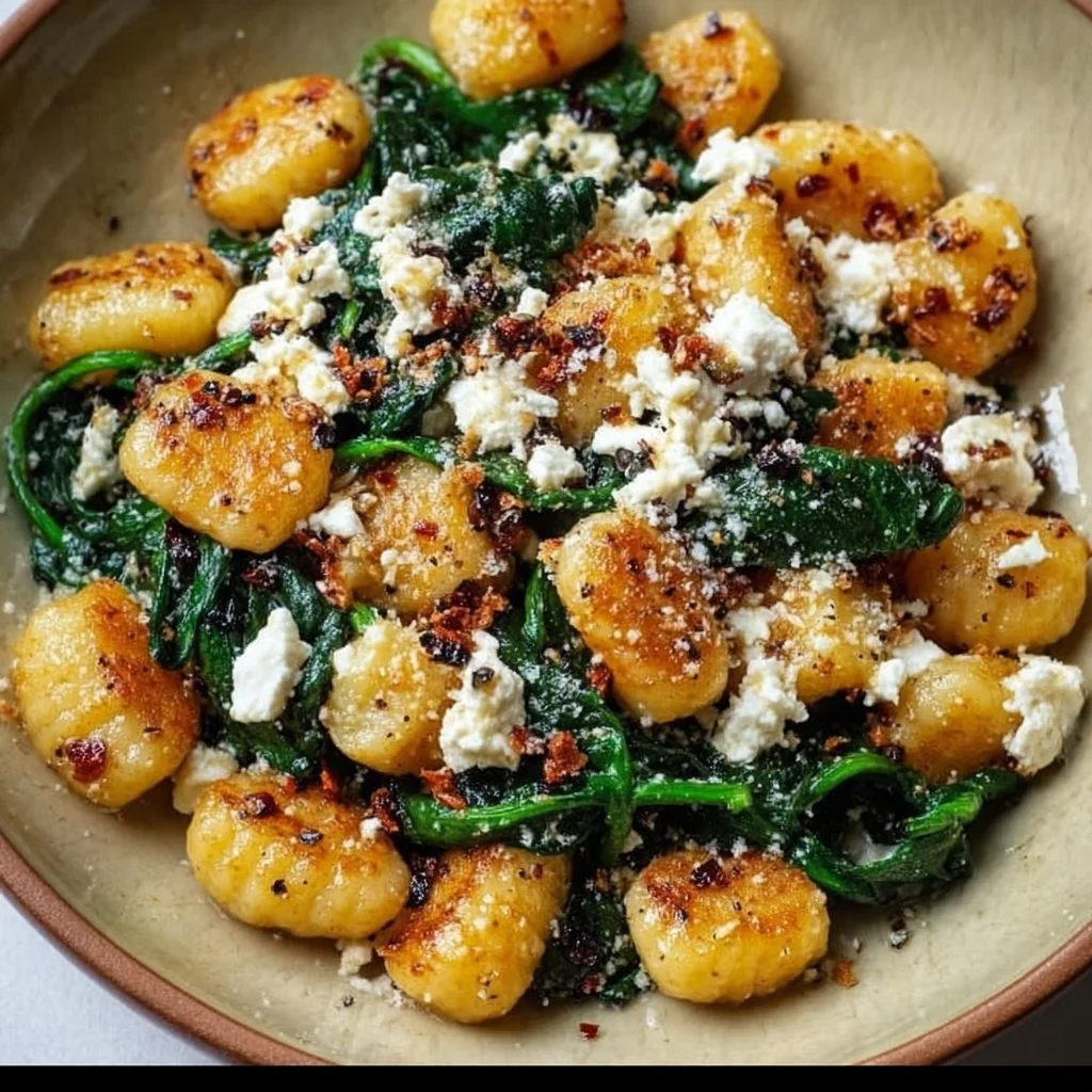 Creamy gnocchi served with spinach and feta cheese in a bowl.