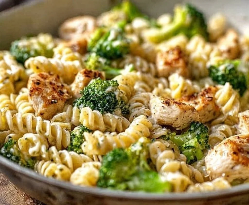 Creamy rotisserie chicken and broccoli pasta dish in a bowl.