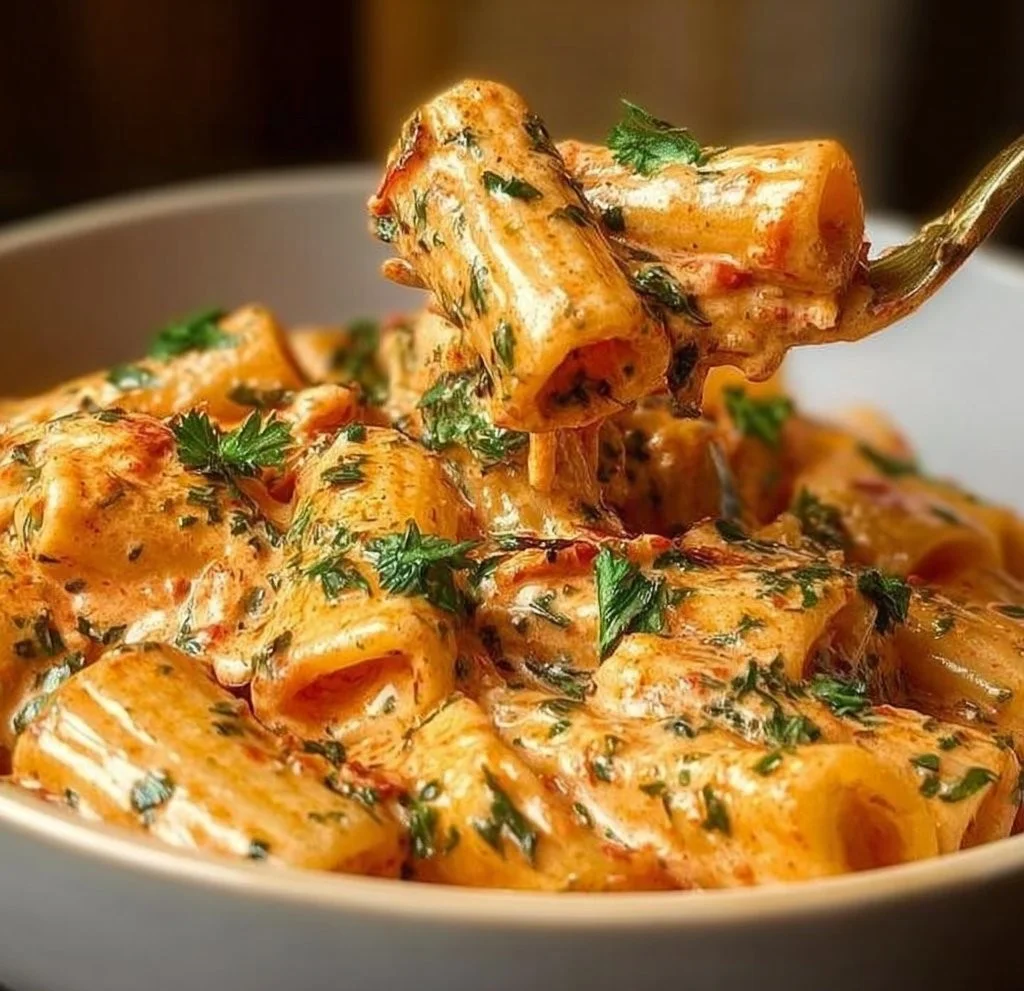 Creamy tomato garlic pasta with fresh herbs and grated cheese