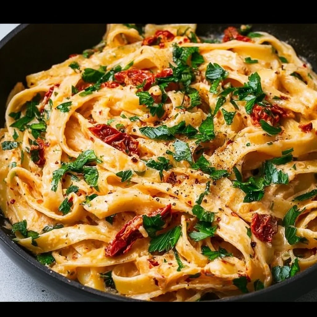 Creamy vegan sun-dried tomato pasta served in a bowl.