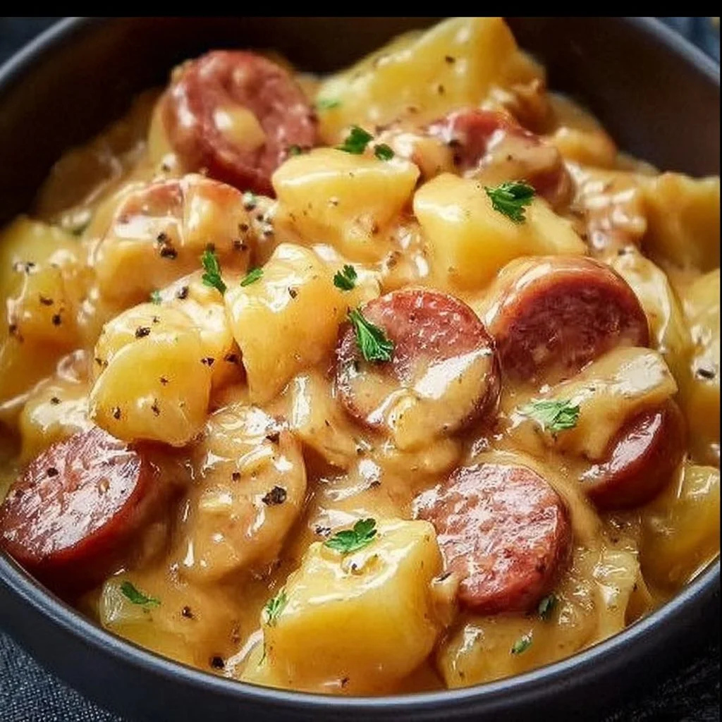 Crockpot Cheesy Potatoes with Turkey kielbasa in a serving dish