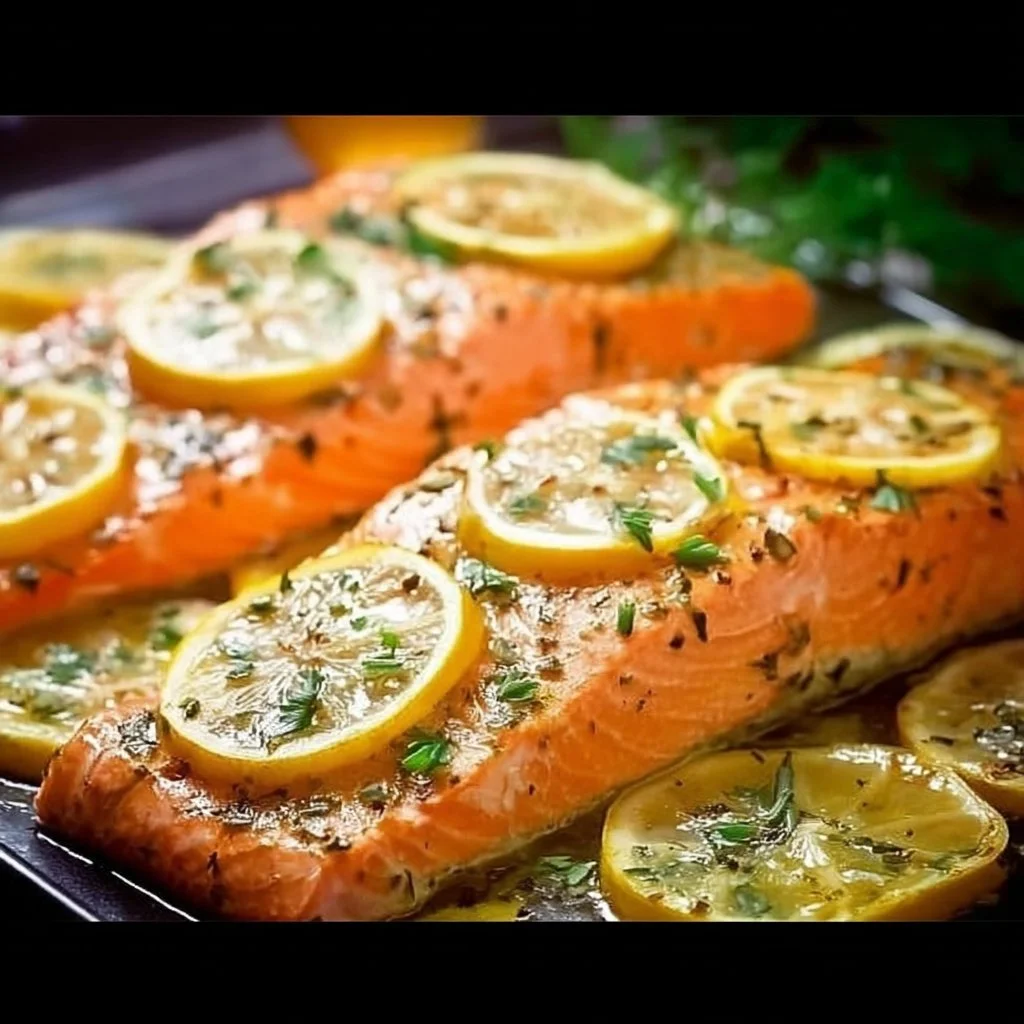 Plate of Dijon-Honey roasted salmon garnished with herbs.