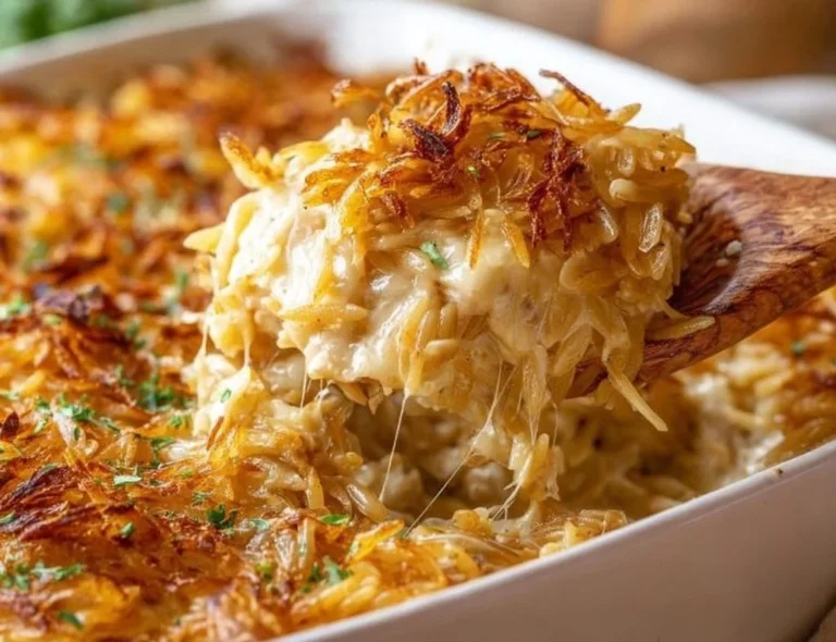 French Onion Chicken Orzo Casserole