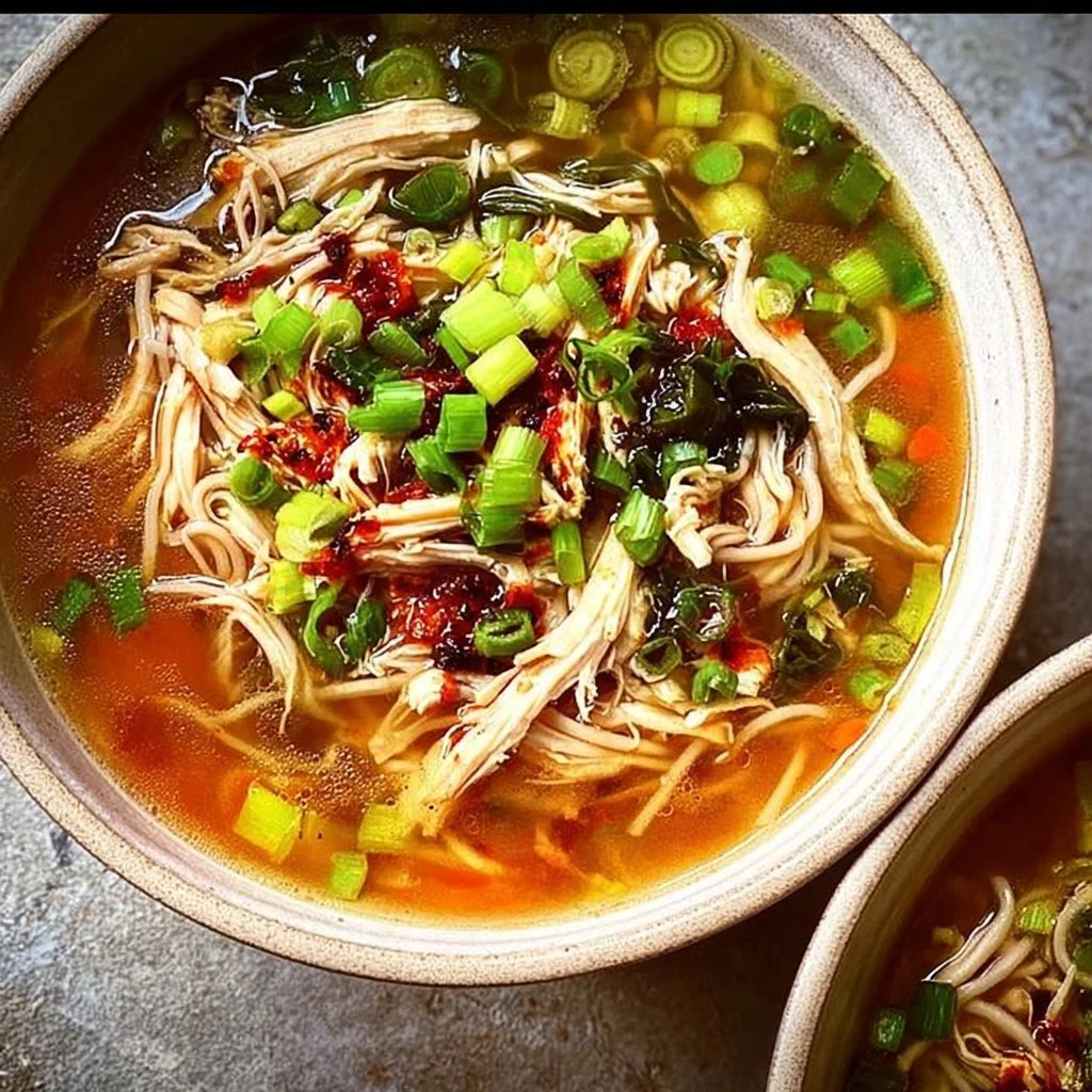 Bowl of Ginger Garlic Chicken Noodle Soup with fresh herbs and noodles