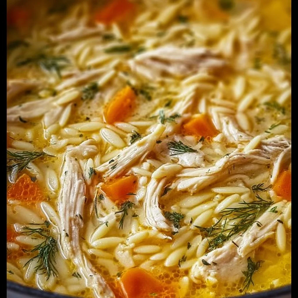 Bowl of Greek lemon chicken soup garnished with herbs