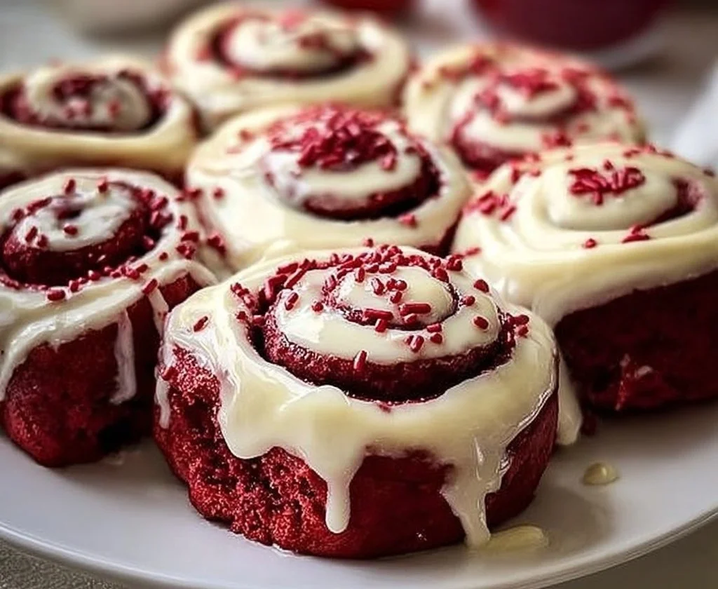 Delicious red velvet cinnamon rolls topped with cream cheese icing.