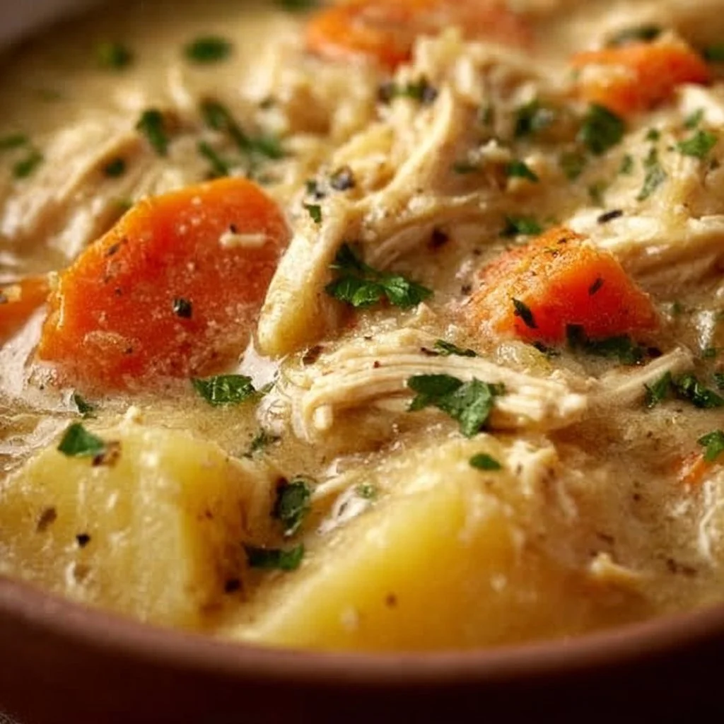 High protein chicken pot pie soup in a bowl with fresh herbs