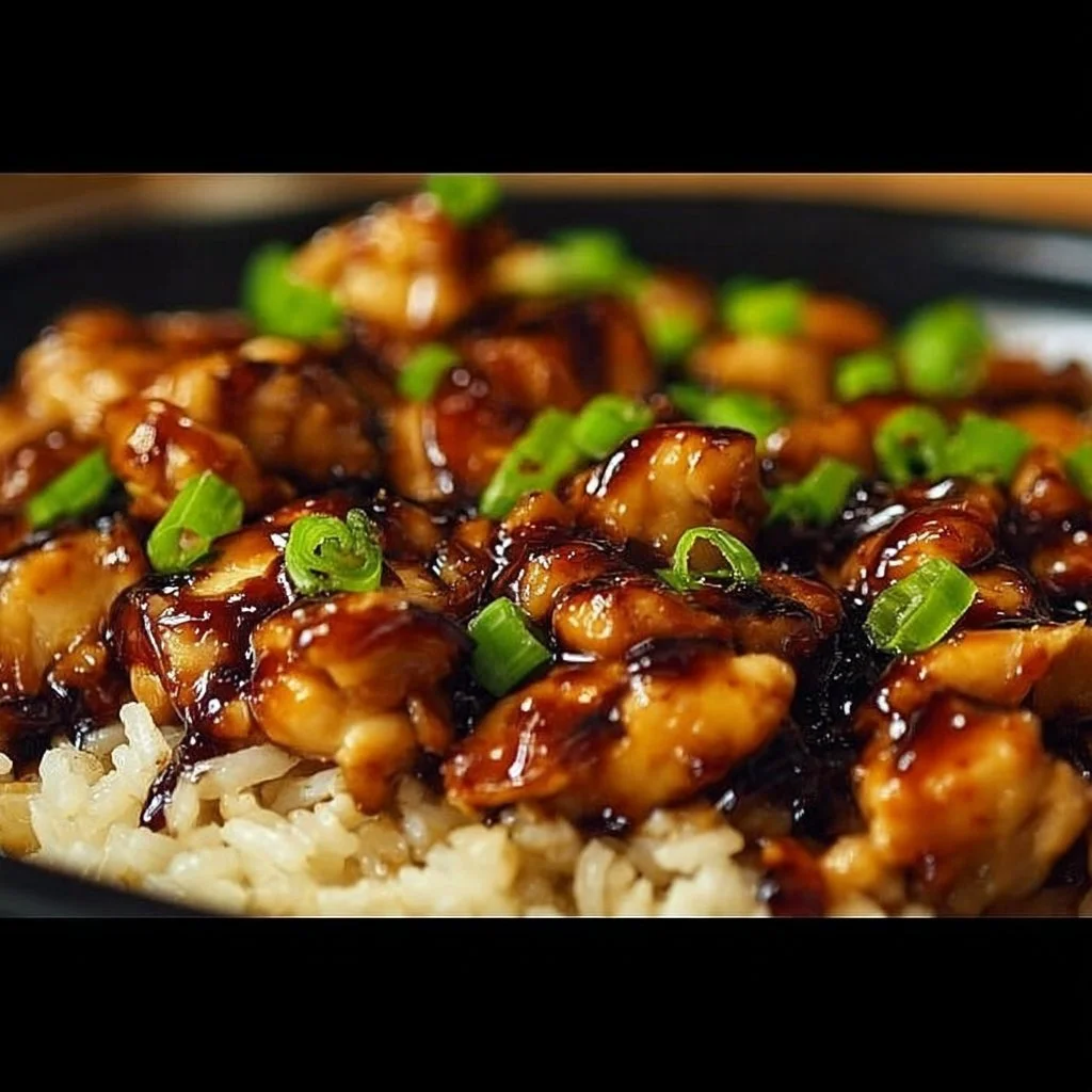 Plate of Honey BBQ Chicken served over a bed of fluffy rice with vibrant vegetables.