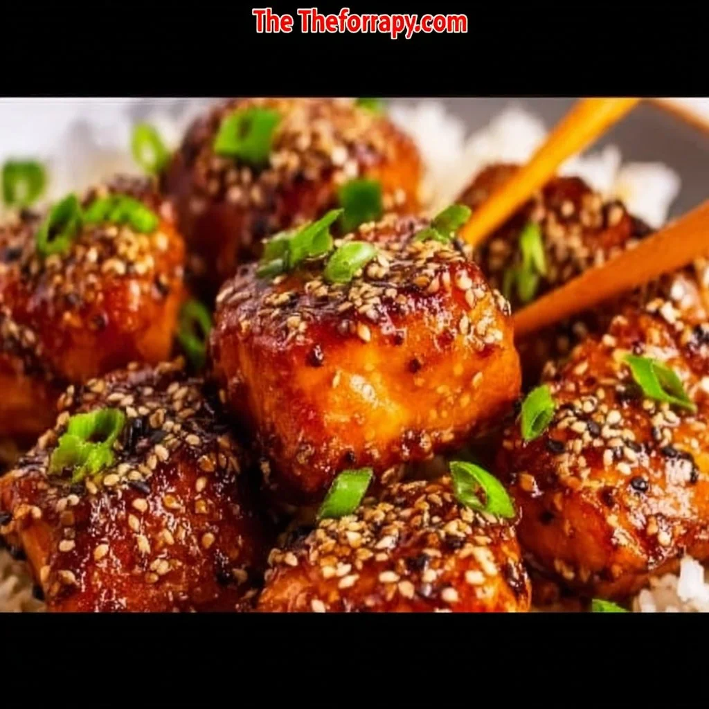 Honey Garlic Salmon Bites served on a platter with fresh herbs and lemon slices.