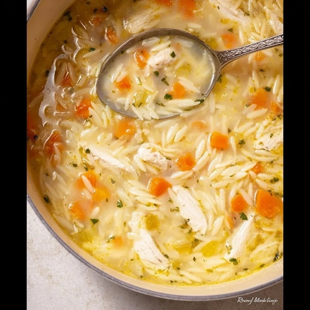 Delicious Lemon Chicken Orzo Soup with fresh herbs and lemon slices